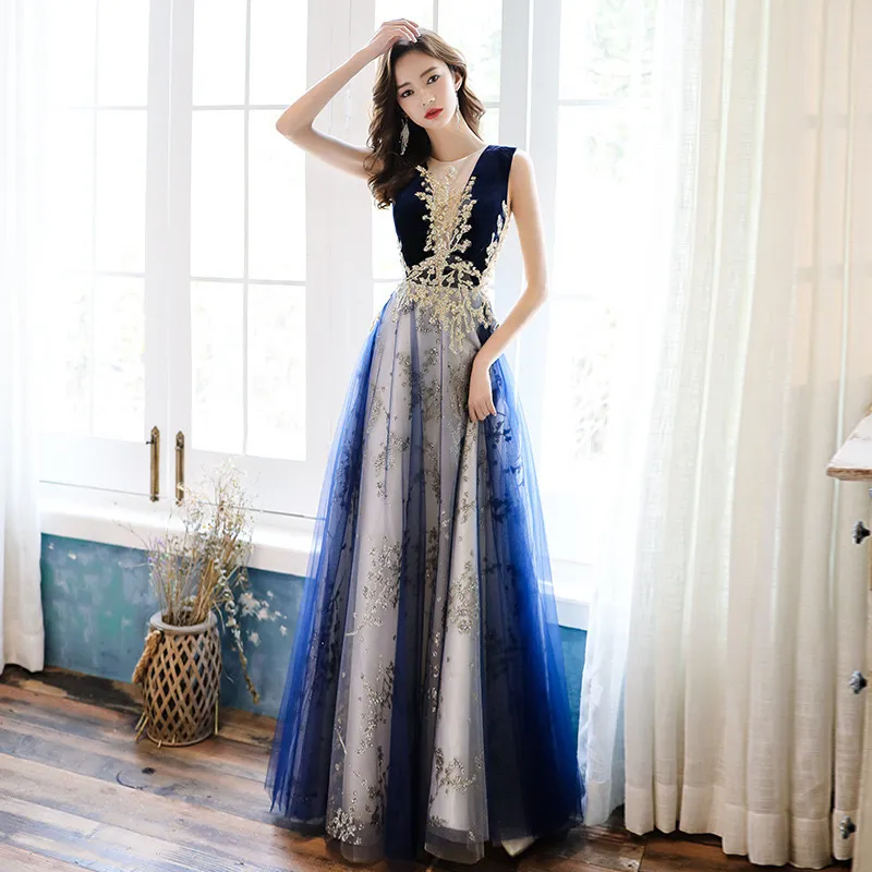 Eleagnt Blue Gold Mother Of The Bride Dresses Beads Appliqued Lace Evening Dress Sequined Plus Size Shiny Ruched Tulle Sexy Tail Formal Mothers Party Wear 403