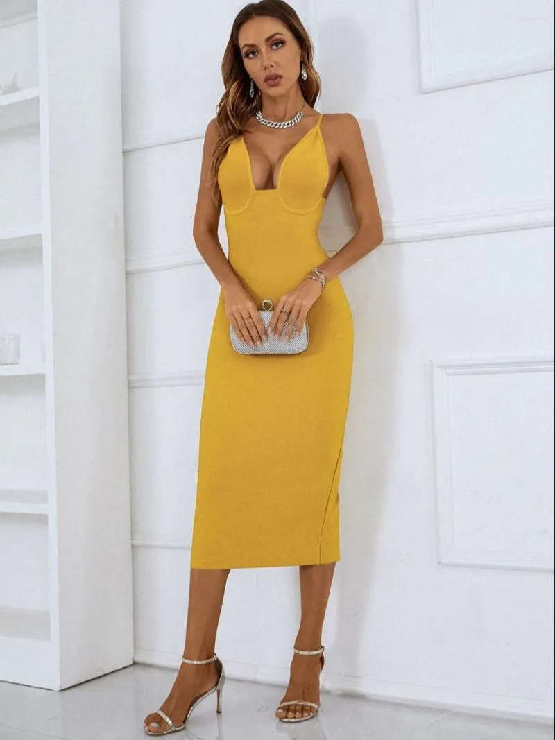 Casual Dresses Summer Women Sexy V Neck Yellow Bodycon Bandage Dress 2023 Elegant Mid-Calf Sparkly Evening Party