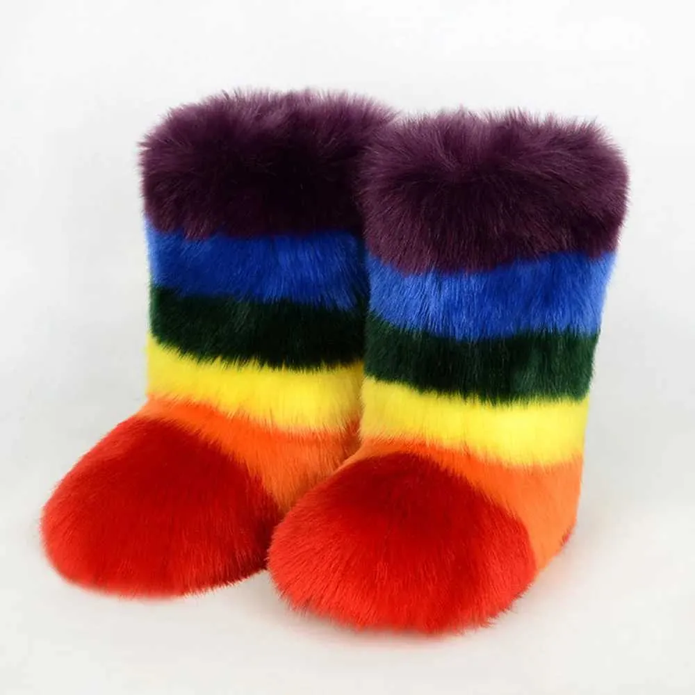 Winter Women Rainbow Fur Snow Boots Fashion Outdoor Warm Furry Boots Mixed Colors Faux Fur Plush Mid-calf Boots Girl Y2K Shoes