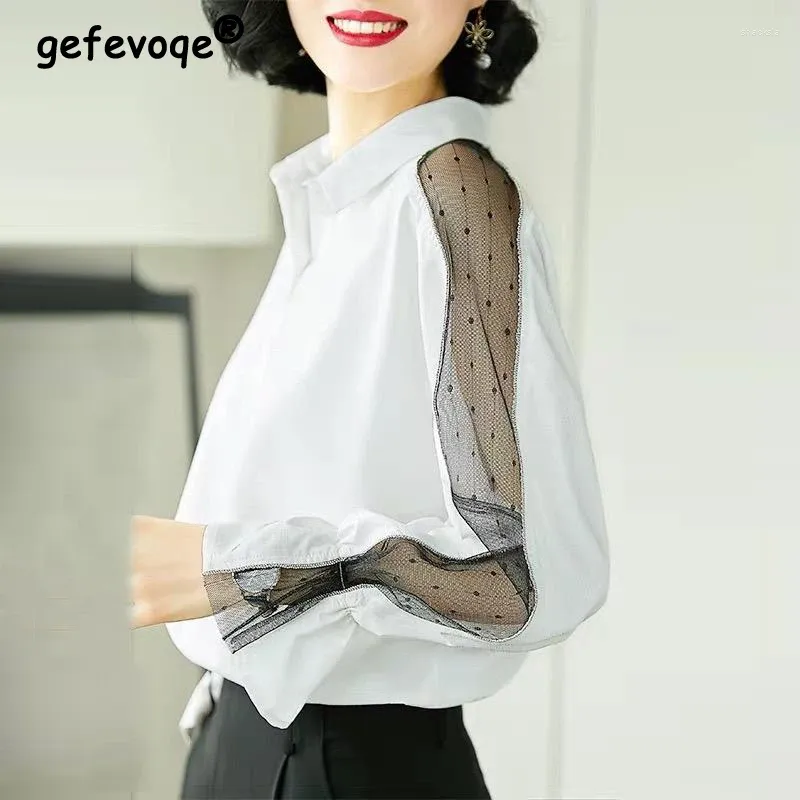 Bluzki damskie Elegancka seksowna siatka Sheer Patchwork Chic Office White Button Up Shirt Fashion Busines