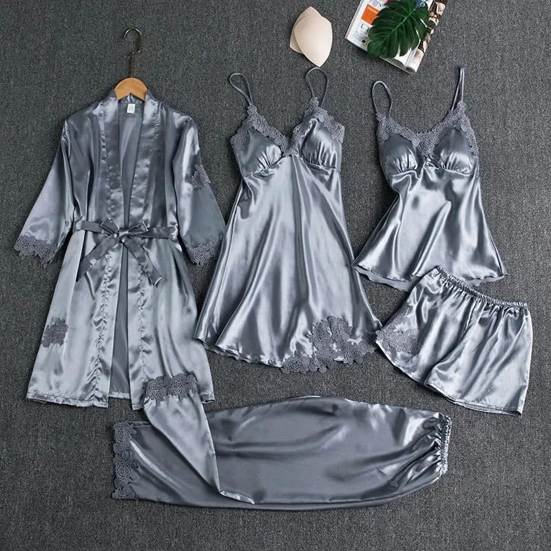 Womens Sleepwear Pajamas 5piece Pajama Set Satin Lace Splicing Work Bridal Wedding Evening Dress Artificial Silk Home Clothing 231128