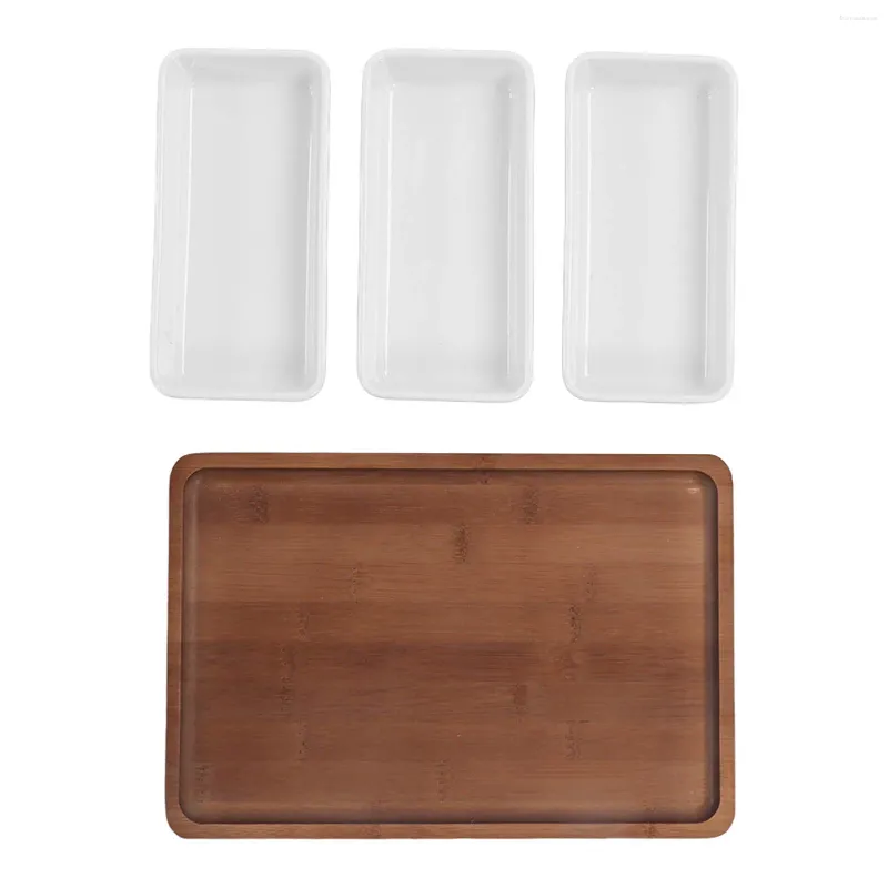 Plates Ceramic Snack Serving Tray Multifunction Long Strip Coffee With Bamboo Pallets For Nuts