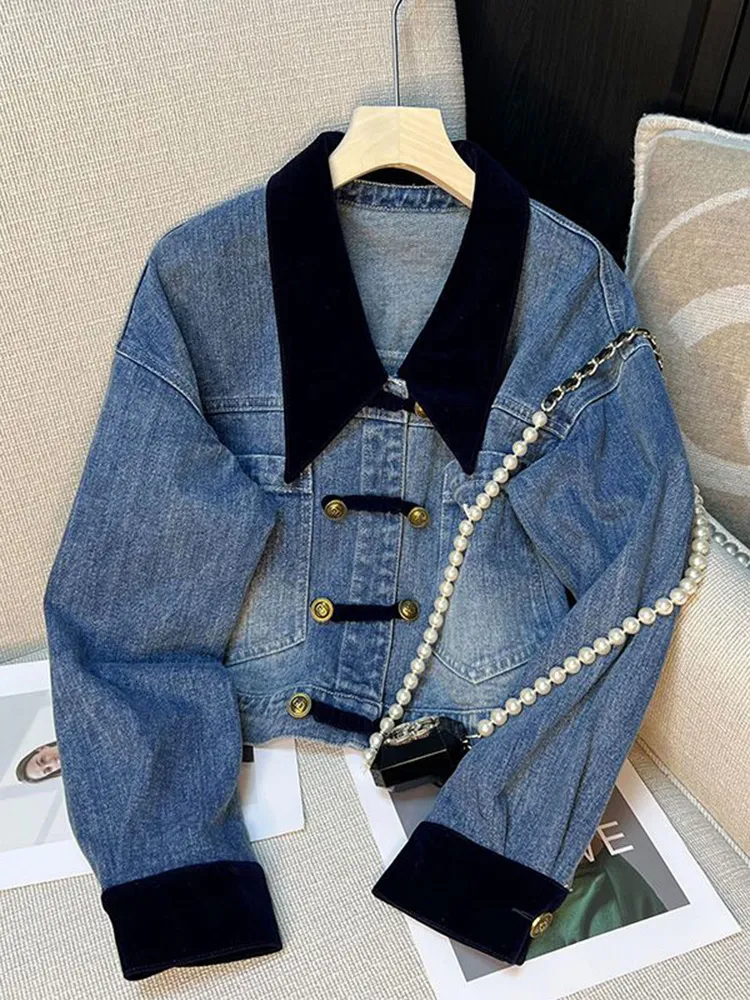 Damesjacks Korea Fashion Women Denim Jacket Vintage losse revers lapwerk vrouwelijke jas korte jeans jas vrouwen bovenkleding 230428