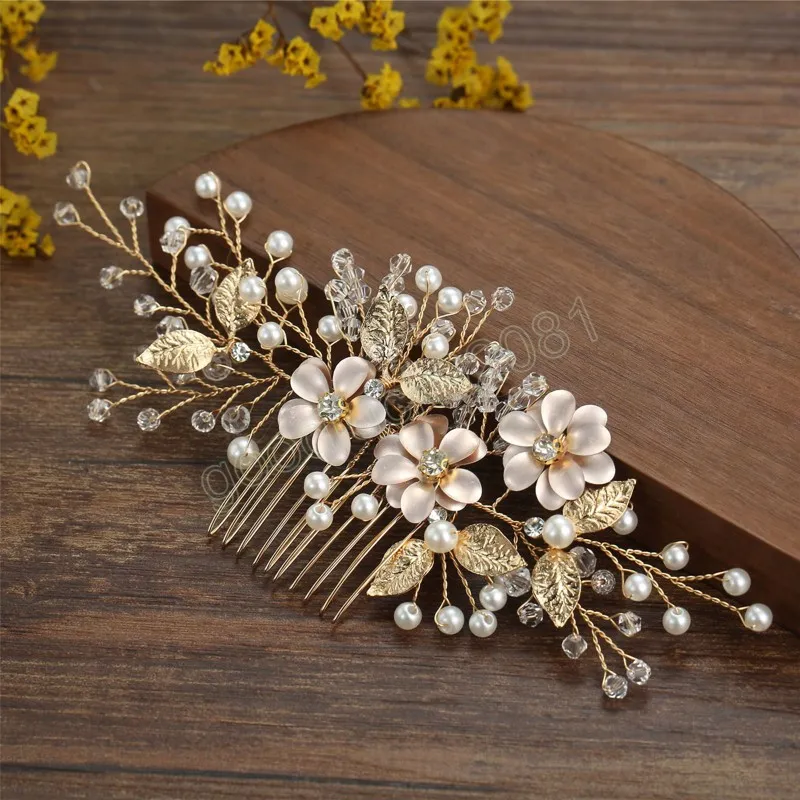 Metal Flower Hair Comb Rhinestone Golden Hairpin Clip Bridal Hair Accessories Women Hair Ornaments Headpieces Jewelry