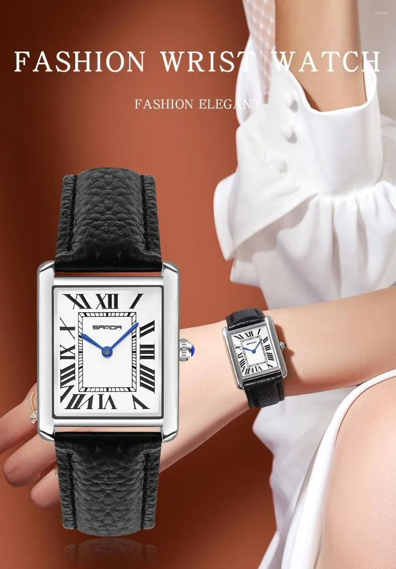 Montres-bracelets Sanda montres-bracelets rectangulaires pour femmes boîtier en argent dames bracelet en cuir horloge à Quartz Zegarek Damski 1108