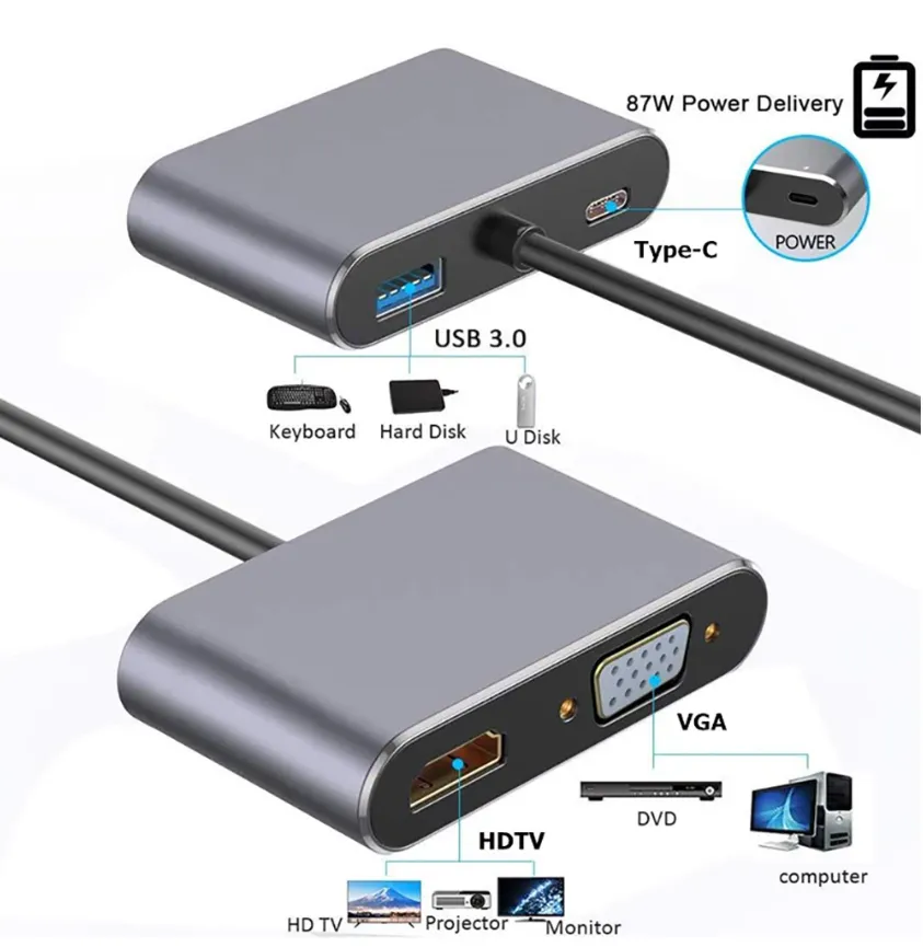 Концентратор, совместимый с 4K Type C к HDMI, док-станция 4 в 1, адаптер USB C 3,0 VGA PD для ноутбука, телевизора, ПК, кабель-адаптер