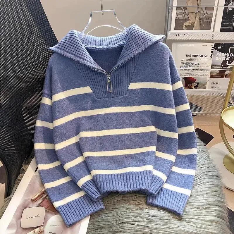 RDMQ Womens Casual Striped Knitted Sweater: Fashionable RDMQ Womens Casual Striped Knitted Sweater: Fashionable
