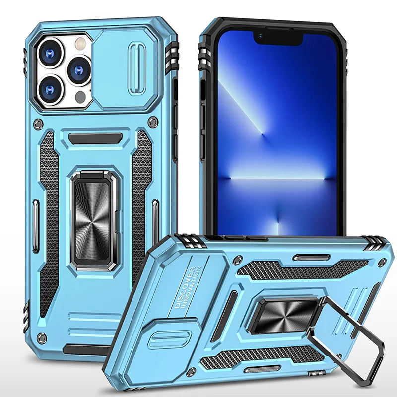 Phone Cases for iPhone 15 14 Pro Max Plus 15Plus 13 with Buil-in Slide Camera Cover Upgraded Kickstand Shockproof Rotate Ring Bracket Fashion Shell