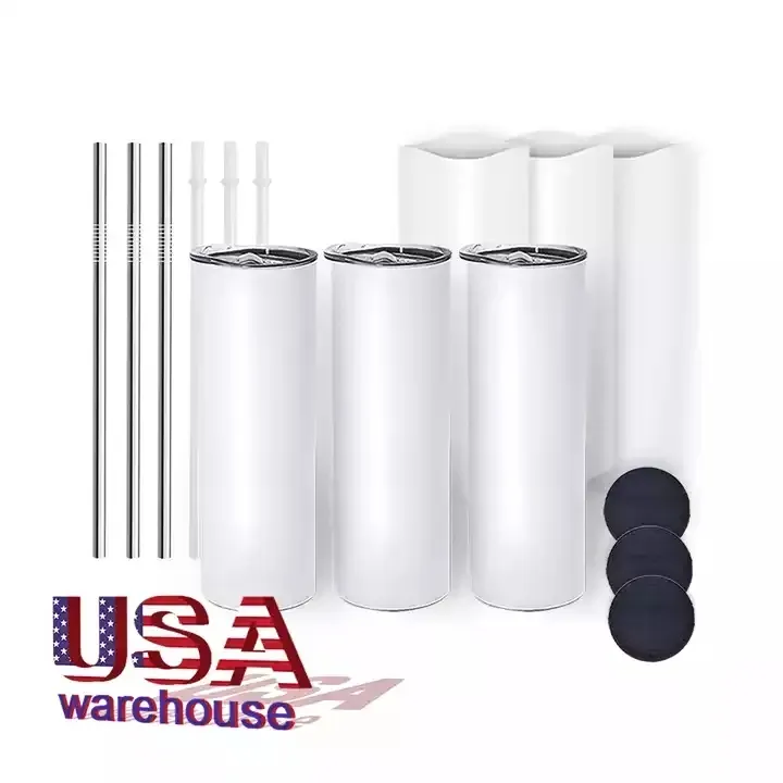 US CA Stock DIY Sublimation Tumbler 20oz Straight Tumblers Metal Straw Steel Inoxidável Slim Tumble Tumble Vacuum Isolated Travel Mugs Gift