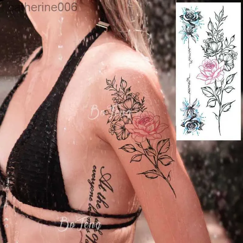 Tatouages colorés dessin autocollants couleur d'encre fleur sexy tatouages temporaires pour femmes fille corps art peinture bras jambe tatouage autocollant réaliste faux tatouage imperméable L2