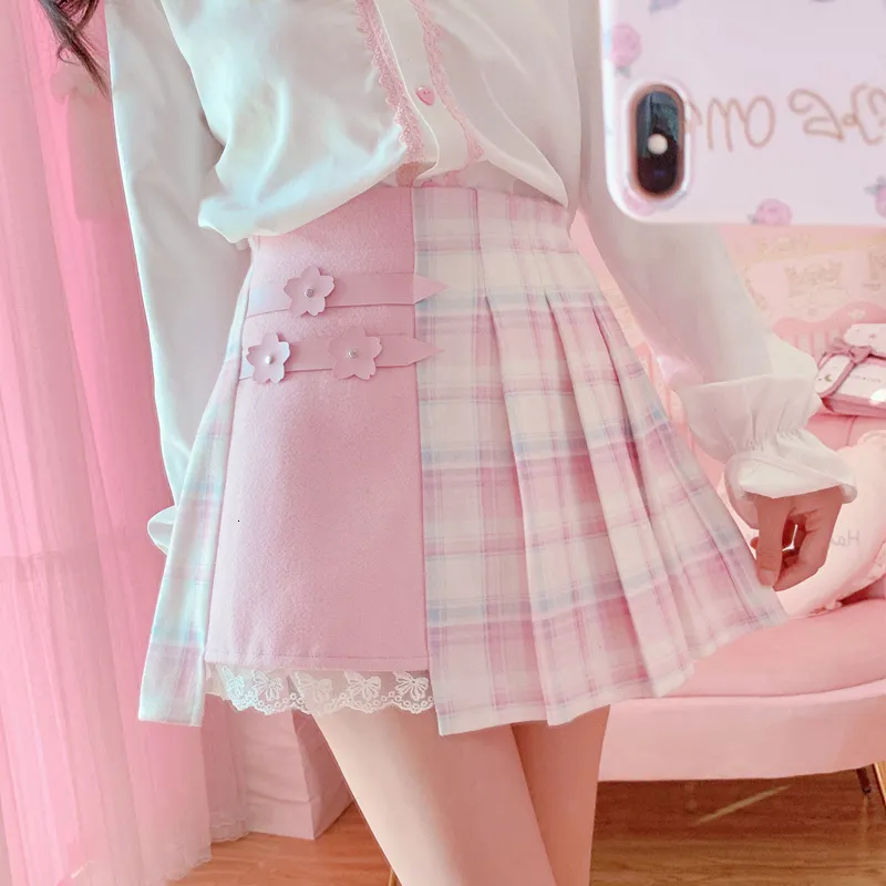 Kış Kawaii Ekose Mini Etek Kadın Okul Kız Lolita Kore Yüksek Bel Sevimli Pembe Bir Çizgi Pileli Estetik Tenis Kısa Etekler 230428