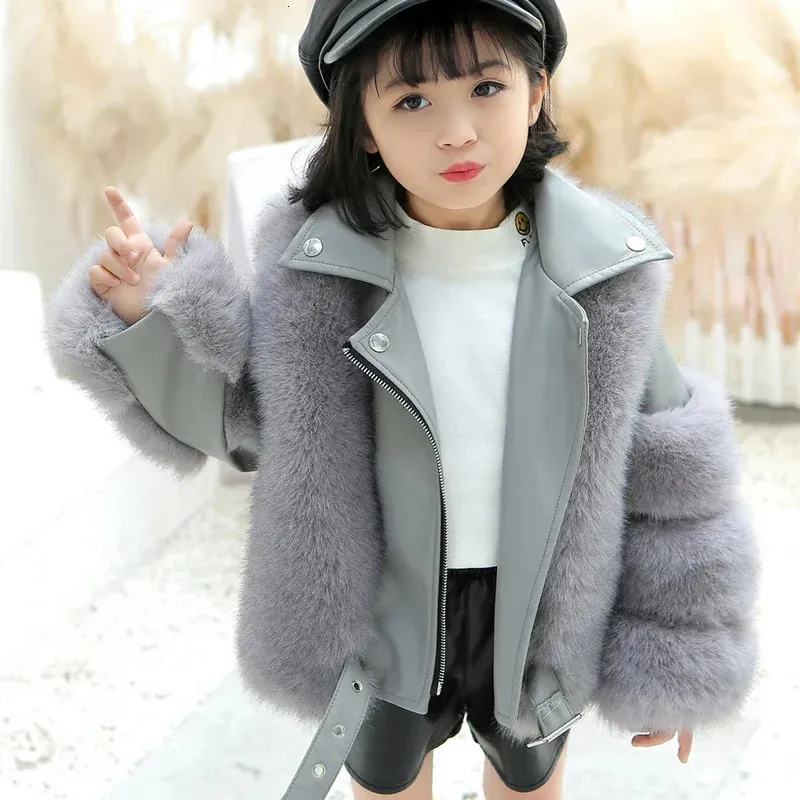 Down Coat Girls Fur Jacket Cotton Outwear Overcoat 2023 Vintage Warm Thicken Plus Velvet Winter Autumn Teenager Fuzzy Children's Clot 231128