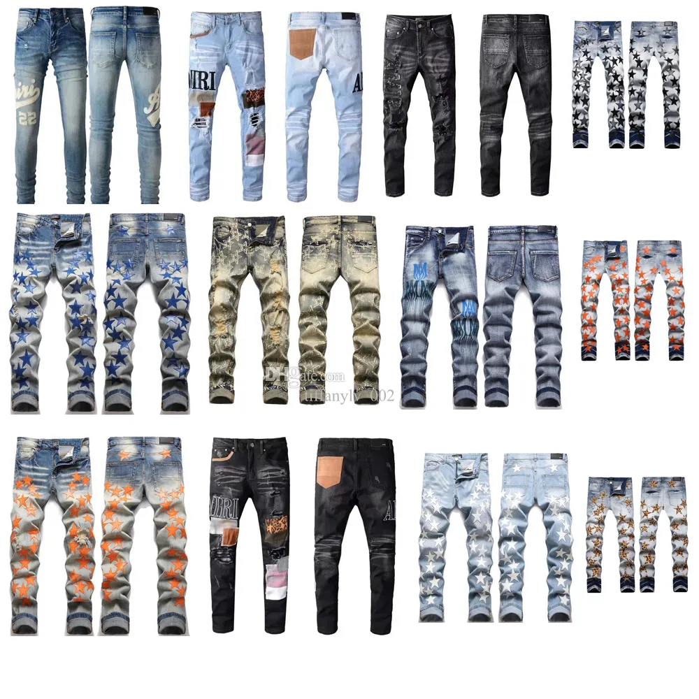 Designer Heren Amirs Jeans High Street Hole Star Patch Heren Dames Amirs Star Borduurpaneel Broek Stretch Slim-fit Broek Jean Broek