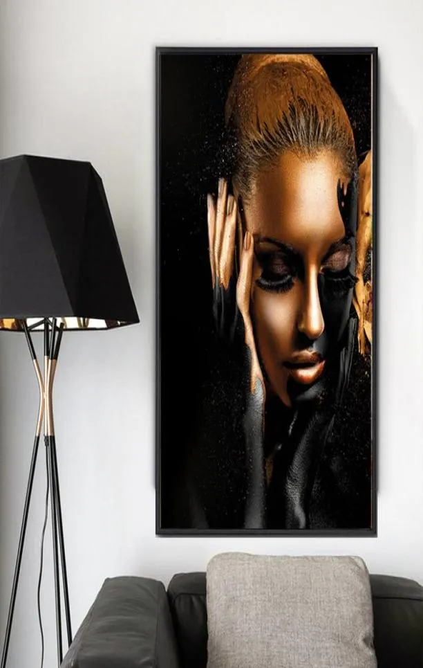Черная художественная девушка, золотые картины на холсте для гостиной, современные художественные принты, рисунки, постеры и принты, без рамы7205967