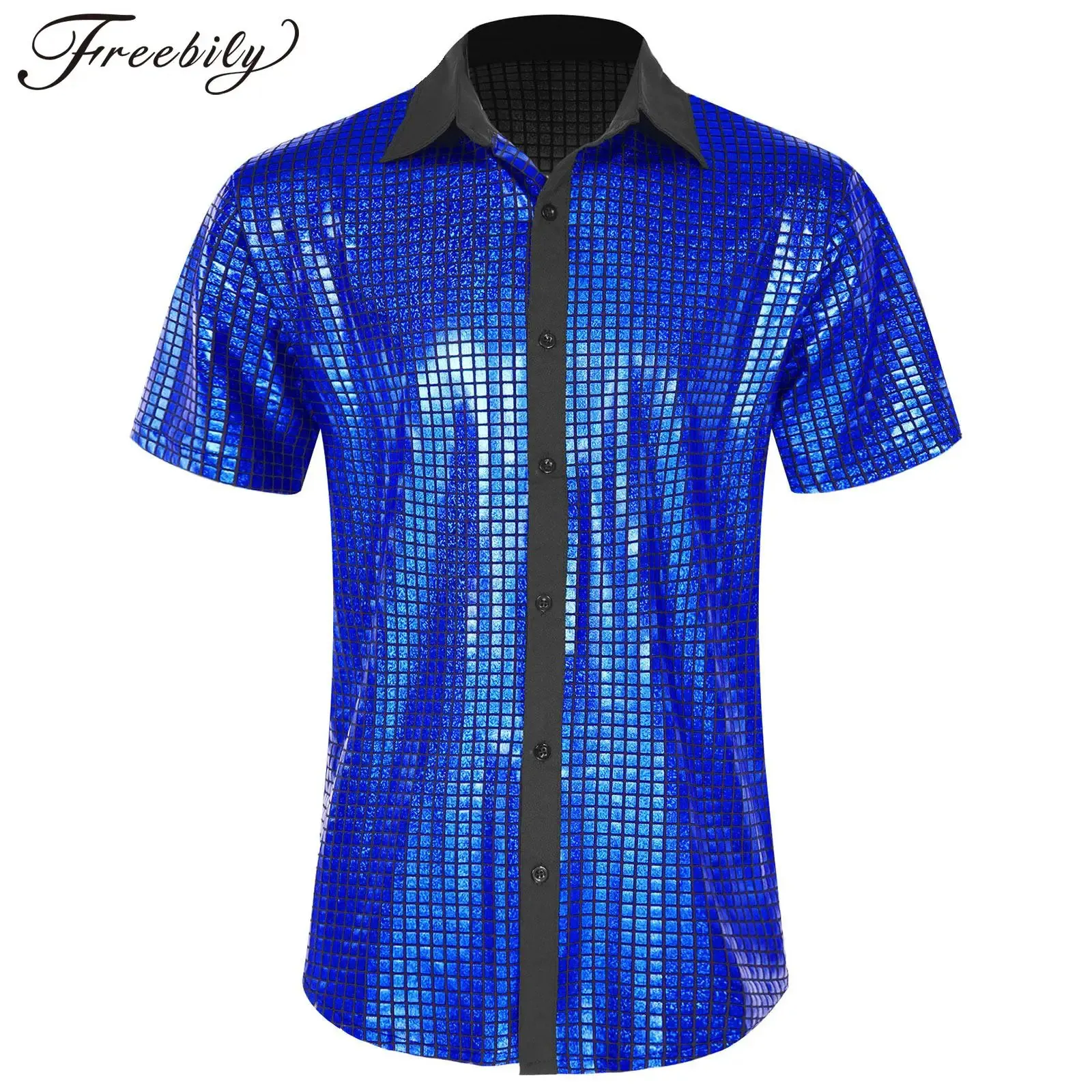 Chemises décontractées pour hommes Hommes 70s Disco Métallisé Brillant Plaid Imprimer Chemise À Manches Courtes Chemises Boutonnées Discothèque Party Tops Stage Performance Costume 231127