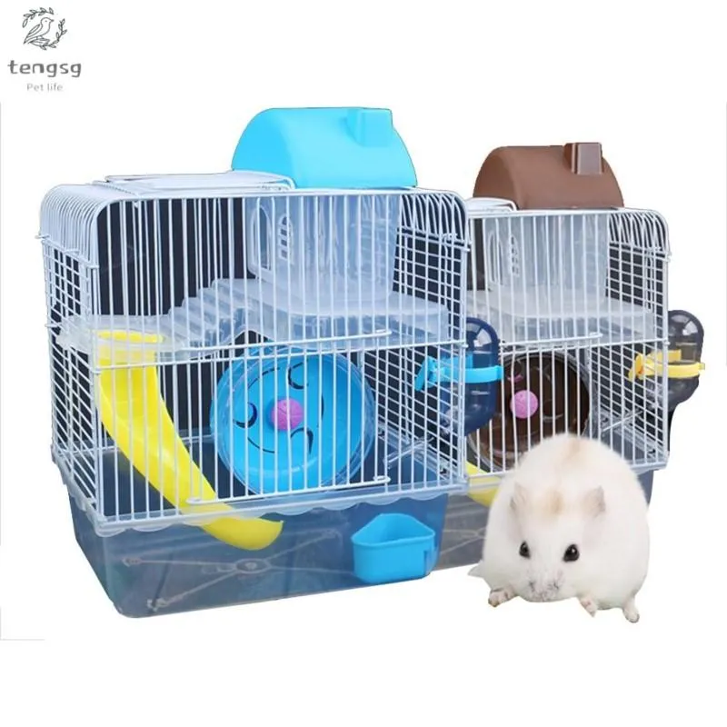 Cages Cage métallique en forme de villa à deux étages avec bol d'alimentation, jouet de patinage à roulettes, petit Hamster à double couche, animaux