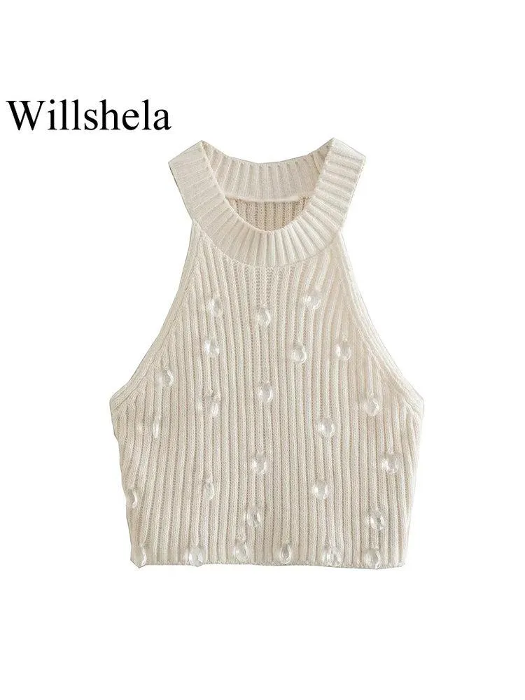 Waistcoats Willshela Women Fashion Solid Knitted Pullover Vest With Diamonds Vintage Long Sleeve Female Chic Lady Tank Tops