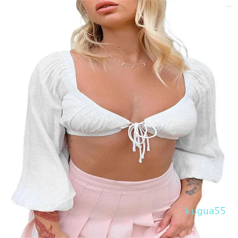 2023-Women's Tanks Women S Summer Slim Crop Tops Fit Long Sleeve Low Cut Tie Up Tシャツ