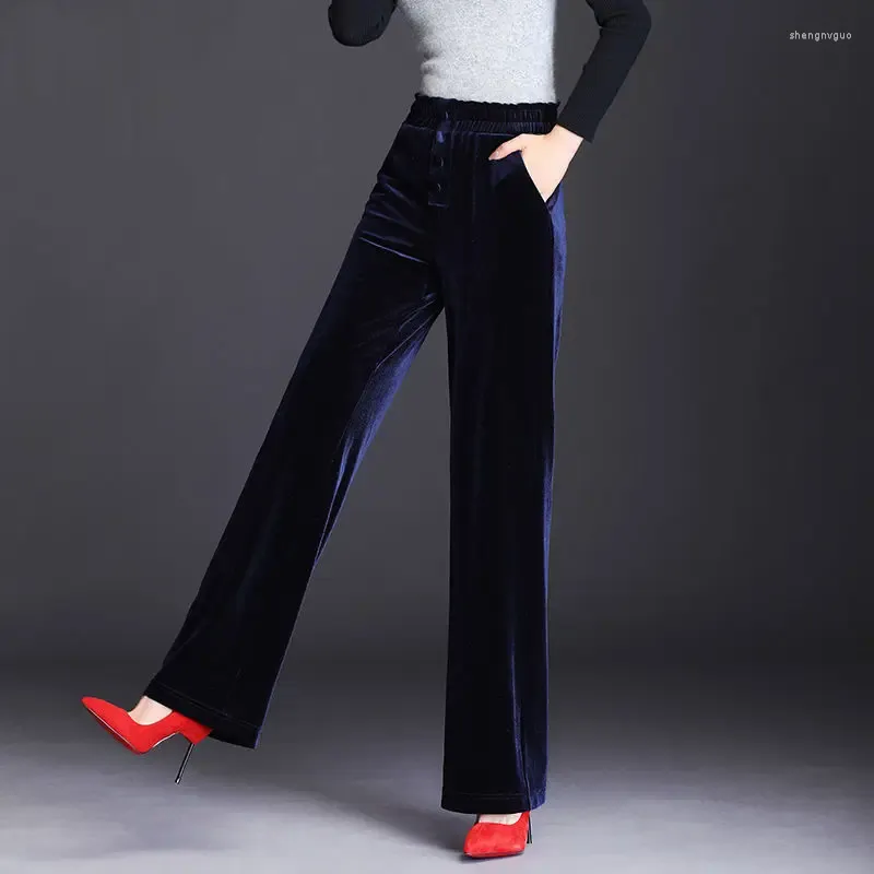 レディースパンツルーズベルベットワイドレッグレトロブラウンハイウエストソリッド韓国スタイルの女性クラシックボタンストレートズボン