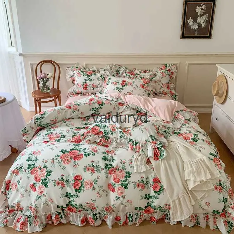 Sängkläder sätter franska vintage säng kjol set 100% bomull rostryck linnet spets ruffles täcke täcke ark monterad casevaiduryd