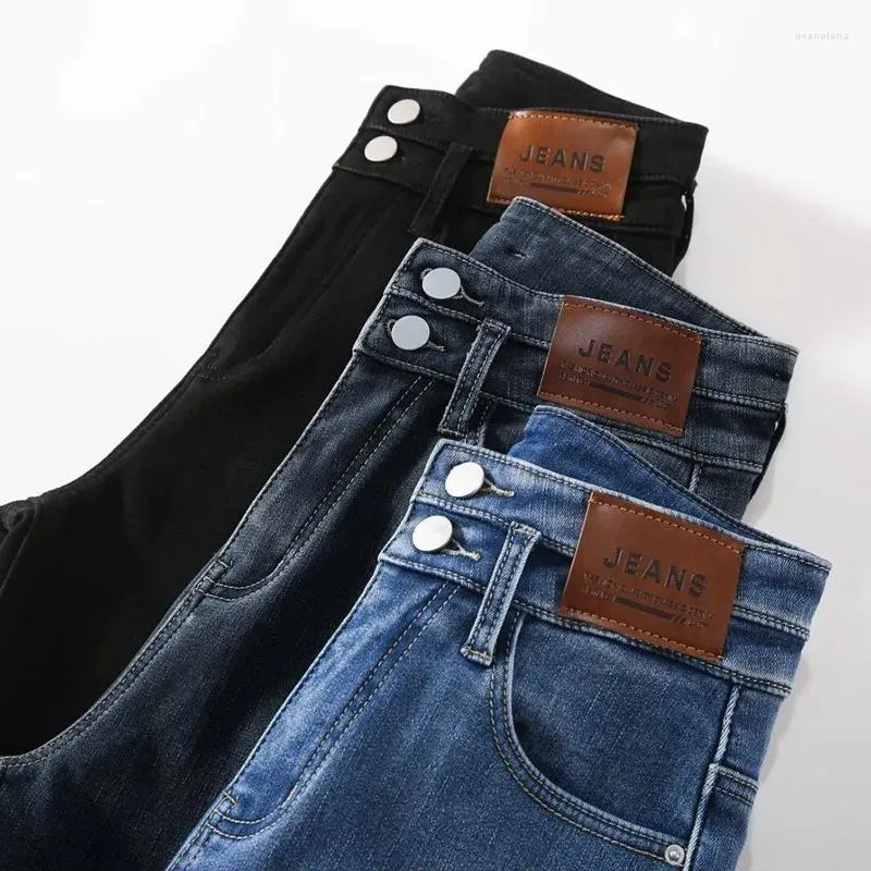 Calças jeans femininas cintura alta elástica marca primavera e outono estilo regular ajuste reto duplo botão calças jeans