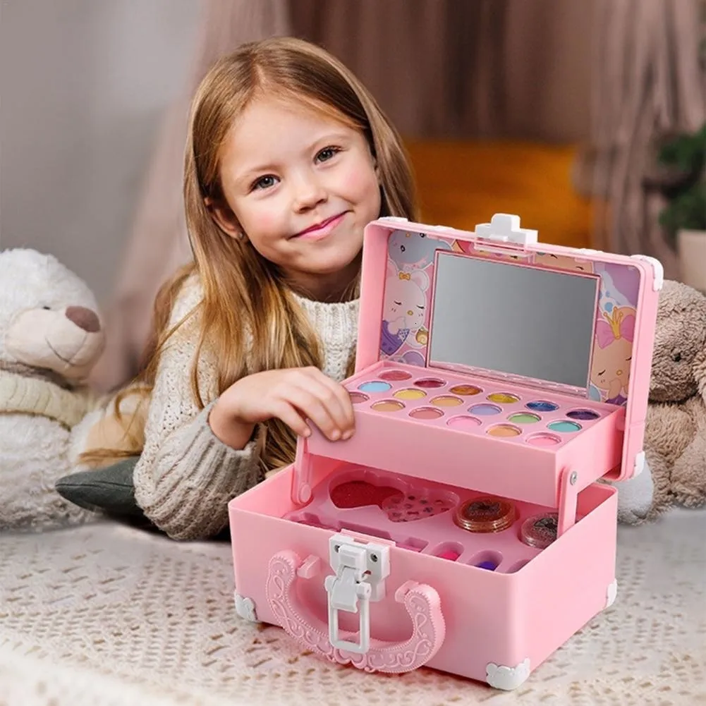 Skönhetsmode barn makeup set läppstift låtsas lek med leksaker kosmetisk pedagogisk tjej prinsessan leksak resväska gåva 230427