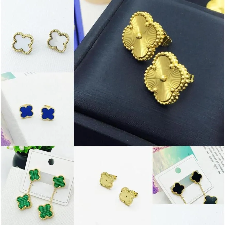 Stud Fashion Vintage 4/Four Leaf Clover Desinger örhängen Sier 18K Guldpläterad för kvinnor Titan Rostfritt stål smycken gåva Drop de Ottmq