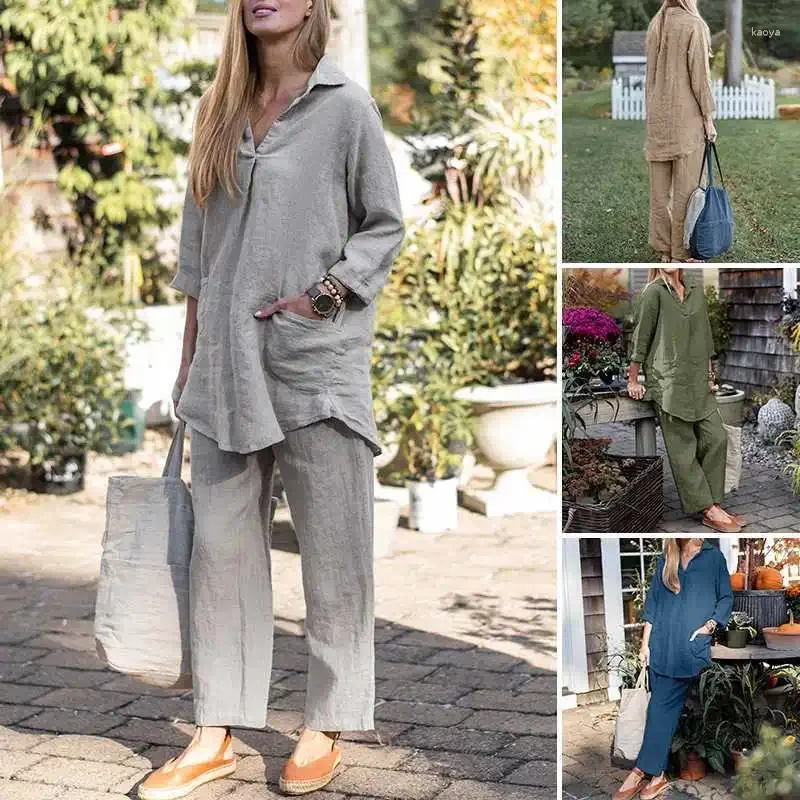 Dwuczęściowe spodnie damskie 2023 Autumn Cotton Linen Suits Tracksuit Długie rękawie Top Lose zestaw żeński modny swobodny elegancki panie 2