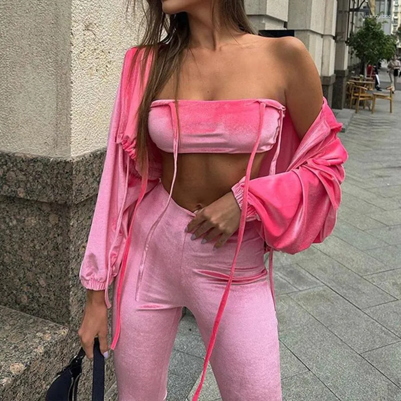 Women's Two Piece Pants OMSJ Velvet High Street Tracksuit Three Pieces Outfits For Women Halter Lacing Tank Top Hooded Zip Coat Flare Casual