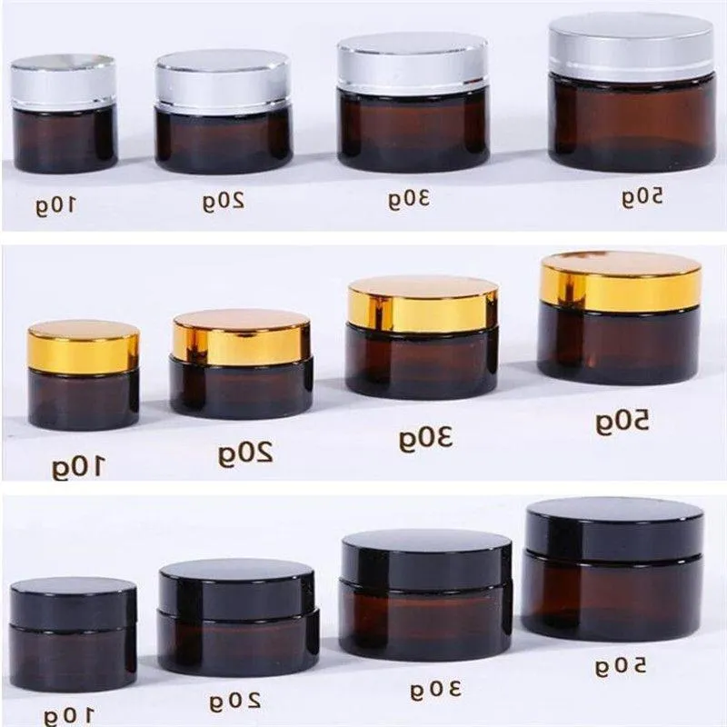 5G 10G 15G 20G 30G 50G AMBER BROWN GLASS BAKKA FACE CREAM JAR REFILLABLE BAKTLER Kosmetisk Makeup Lagringsbehållare med Gold Silver BL GCXN