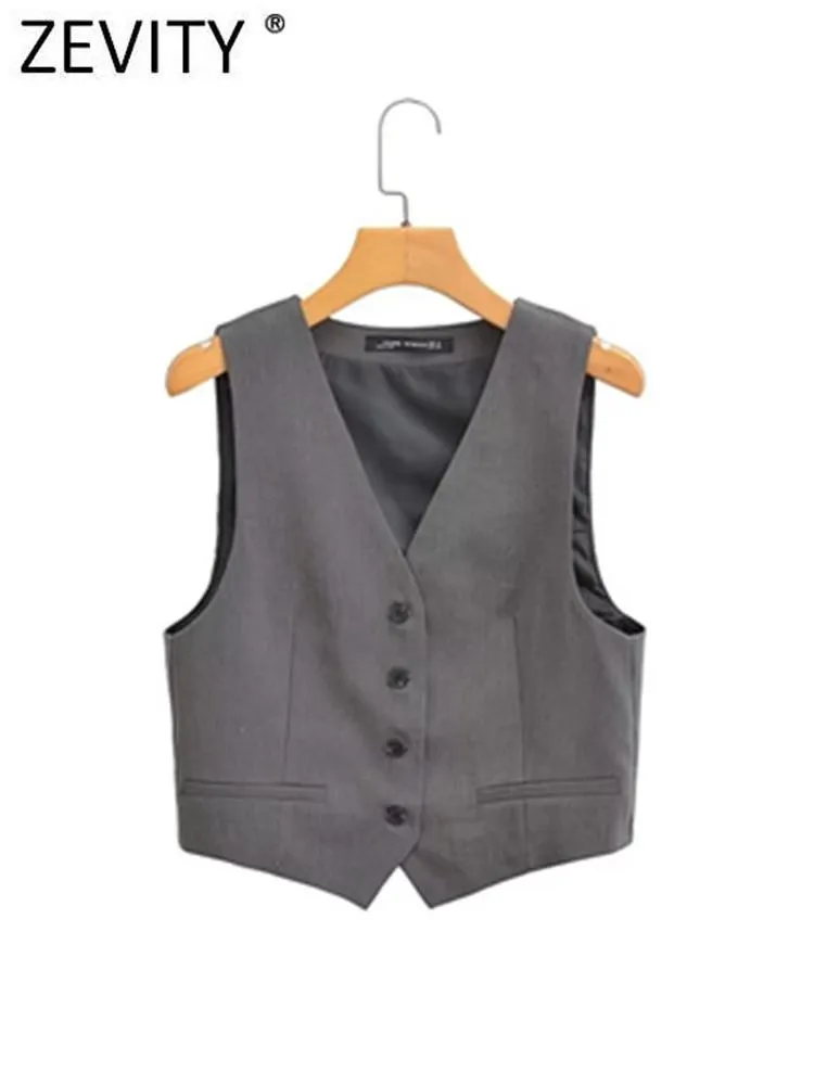 Leather Zevity Women Fashion V Neck Grey Color Short Vest Jacket Office Ladies Sleeveless Single Breasted WaistCoat Crop Tops CT3828