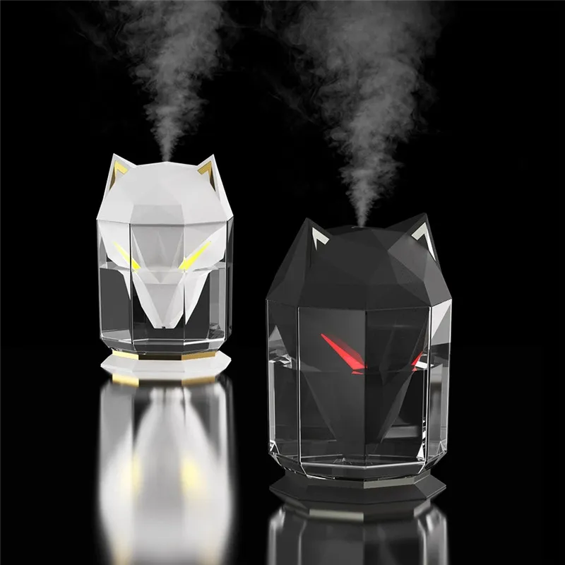 600ML Wolf Luftfuktare USB Elektrisk Aroma eterisk oljespridare Bärbar Cool Mist Sprayer Med LED-ljus för hemmakontor