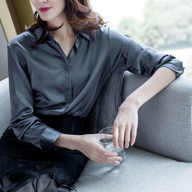 Women's Blouses Shirts Spring Office Lady Women Slim Grey Long Sleeve Tops And Blouses Woman Womens Imitation Silk Blouse Top Shirt With Collars 230428