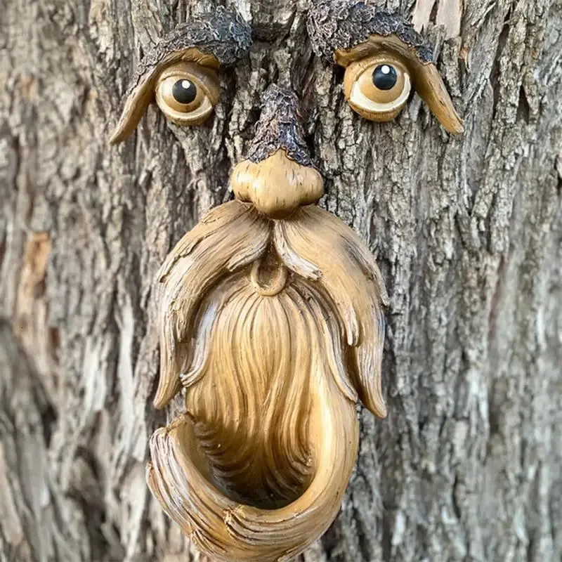 Trädgårdsdekorationer unikt träd ansikte vild fågel matare dekorerar nyckfull gammal man hängare fågelfeeder nyhet utomhus peker skulptur 231127
