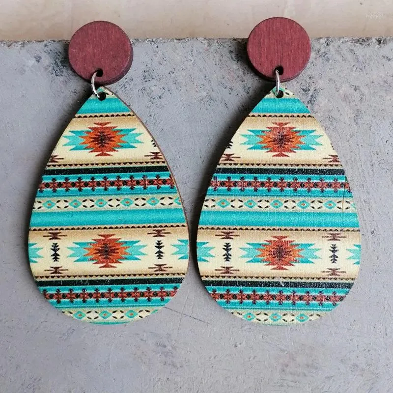 Boucles d'oreilles pendantes motif aztèque, goutte d'eau en bois, épissure croisée pour femmes, bijoux ethniques rétro, vente en gros