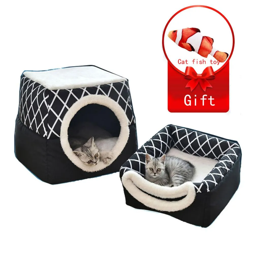 Pet Cat Bed House Foldable Winter Soft Warm Tent Washable Puppy Cat Sleeping Bag Basket Mat Plaid House Kennel Cat Supplies