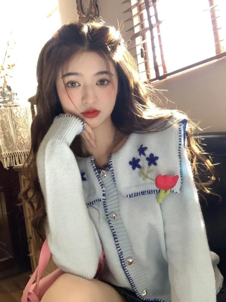 レディースニットコロボフ韓国ファッションニットトップスイートドールカラー3Dフラワーズセーター秋カーディガンビンテージ刺繍スイートルデュージャー