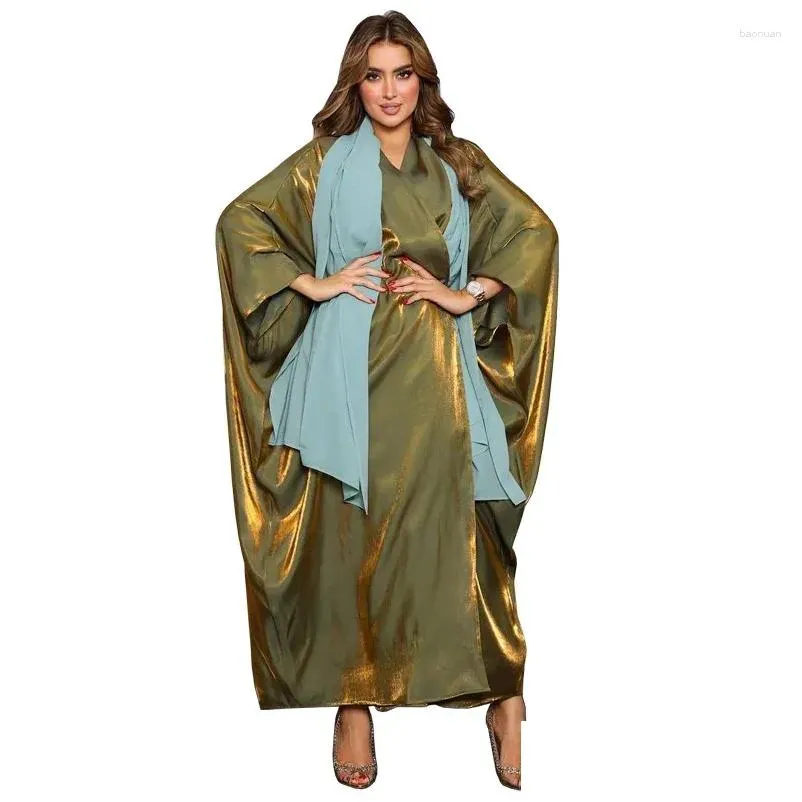 Etniska kläder abaya klänning 2024 mode batwing hylsa öppen mantel muslimska arabiska dubai satin kaftan cardigan kimono ramadan long drop d dh6uw
