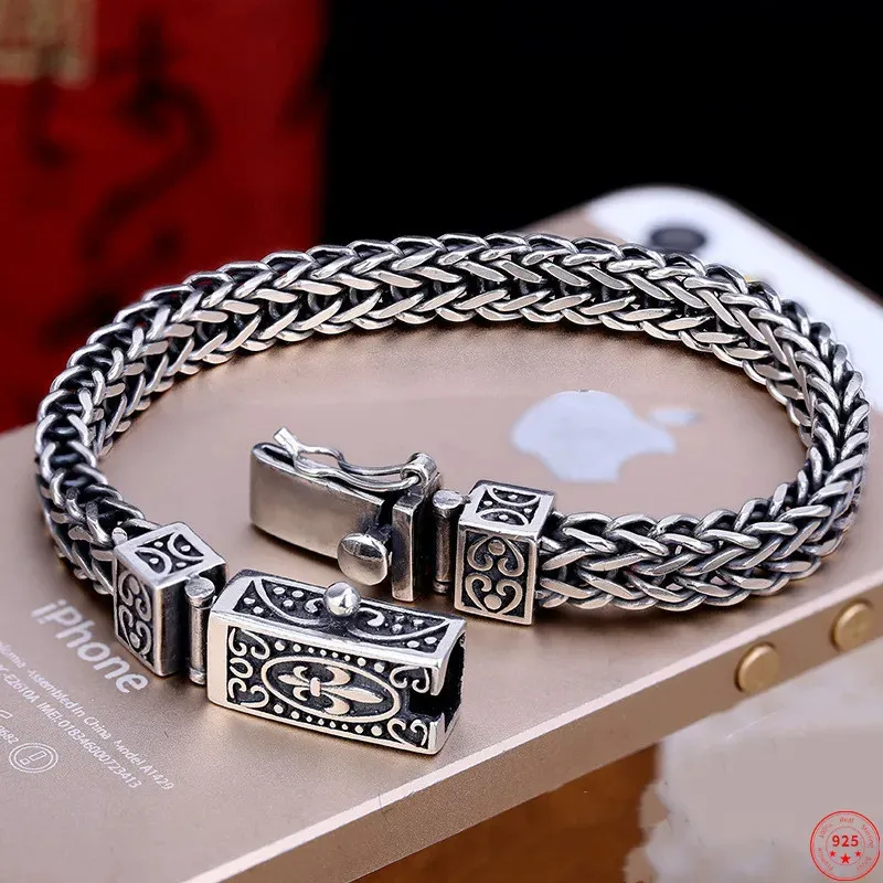 Chain S925 Sterling Silver Charm Bracelets Retro Totem Double Row Woven-Chain Pure Argentum Amulet Jewelry for Men Bangle 231128