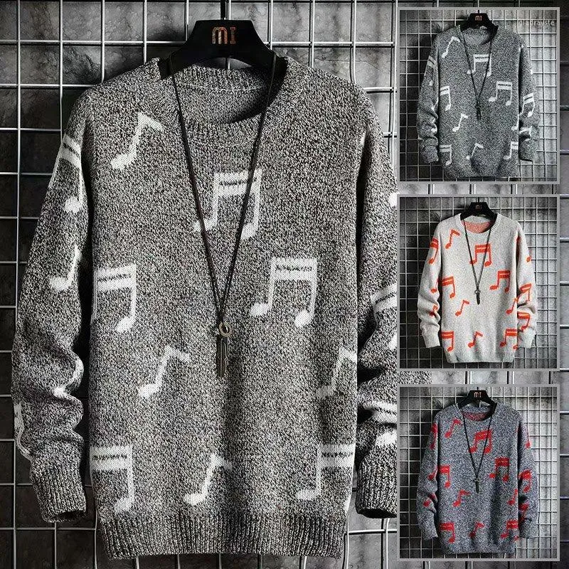 Herrtröjor Spring och Autumn Sweater Korean Fashion Harajuku Music Note Men Casual Street Wear Pullover