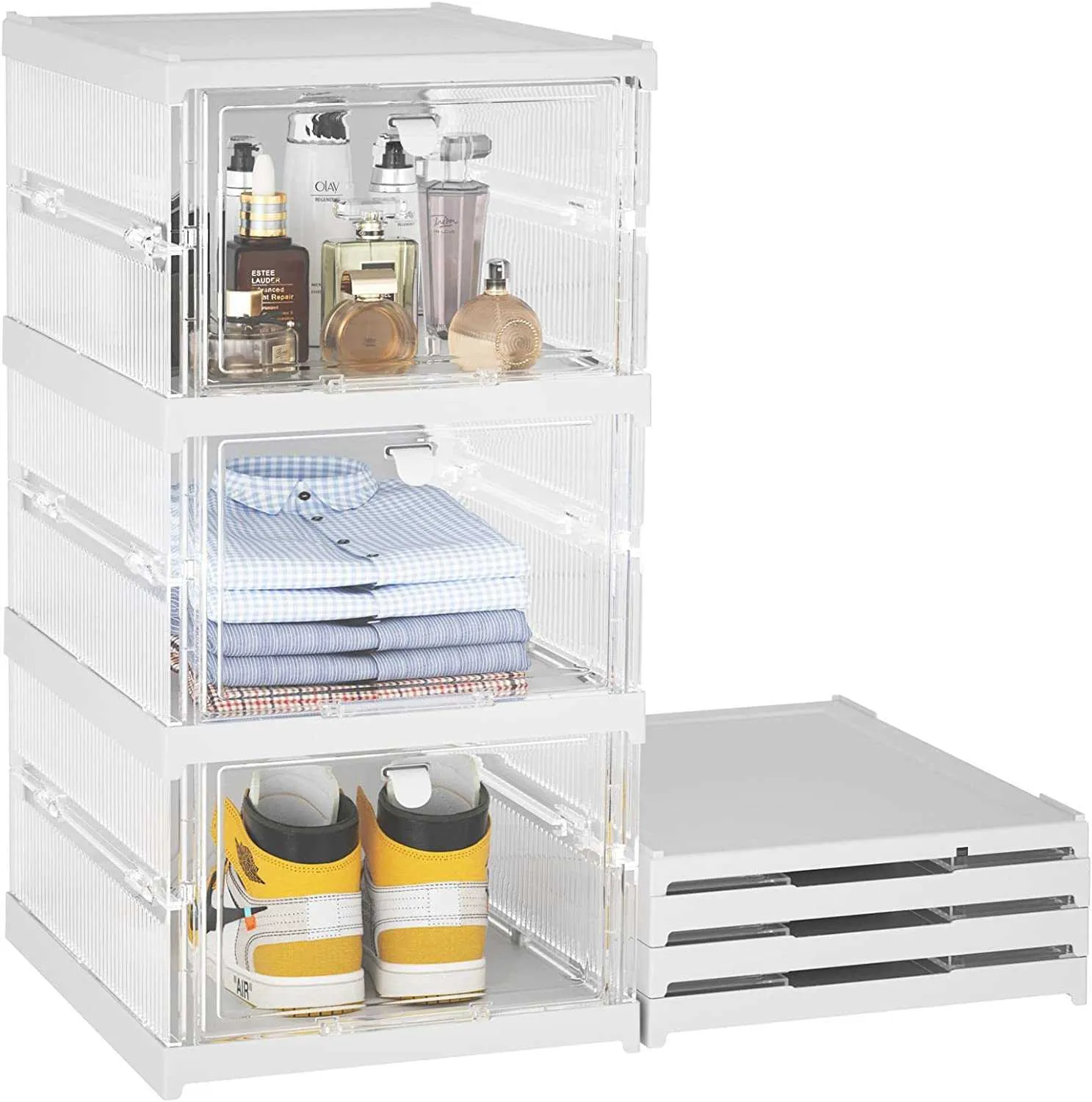 Cajas Contenedores de plástico con tapas Caja organizadora de zapatos Zapatillas de deporte Contenedores de almacenamiento plegables Contenedor apilable Plegable W0428