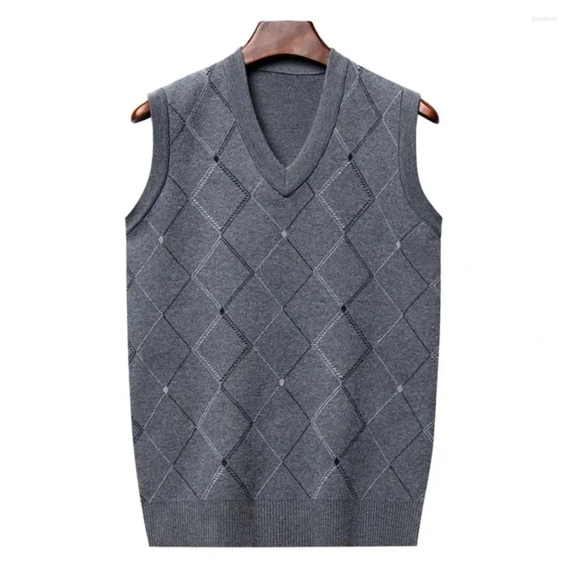 Gilet da uomo con motivo geometrico Gilet da uomo elegante scollo a V lavorato a maglia caldo antivento morbido top senza maniche per l'autunno/inverno