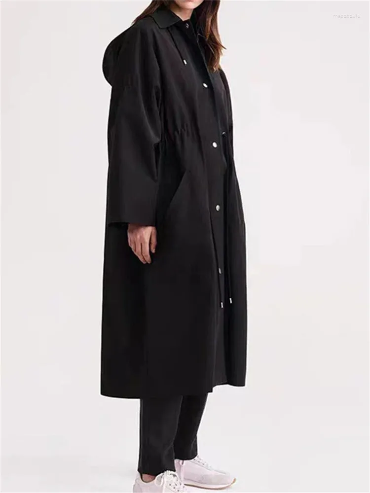 Women's Jackets Women Black Drawstring Mid-length Coat Hooded Long Sleeve Turn-down Collar 2023 Fall Winter Female Loose Jacket