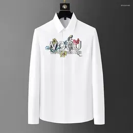 Men`s Casual Shirts Luxury Rhinestone Letter Men Autumn Long Sleeved Slim Business Dress Shirt Social Party Streetwear Clothing