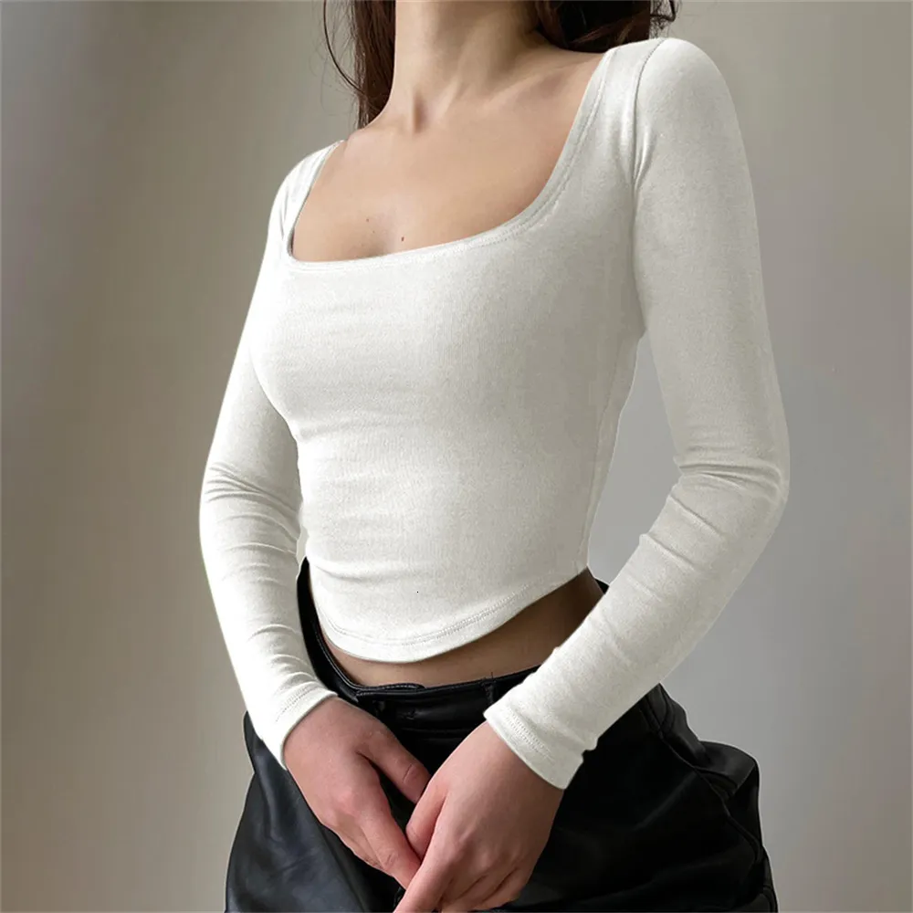 Dames t-shirt Witte T-shirts vrouwen y2k tops lente lange mouw solide sexy Korean mode square nek streetwear kleding feest t-shirts vrouwelijk 230428