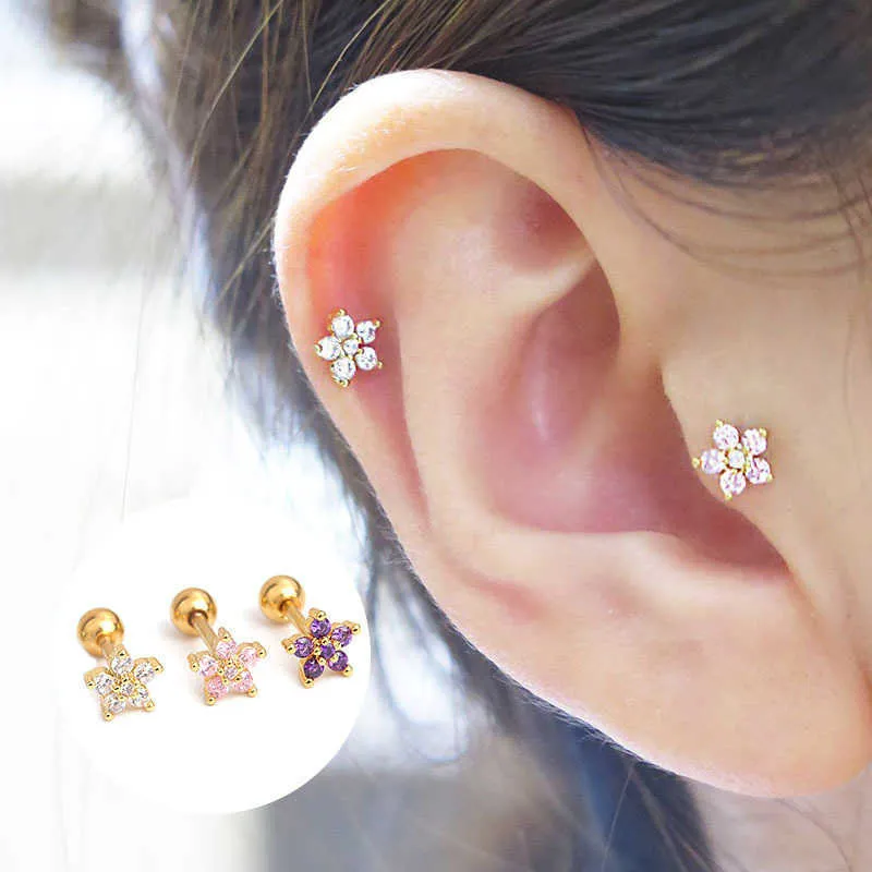 Punkteringsörhängen Koreansk version Small Flower Earbone Nail Rostfritt stål Dubbelsidig skruv tillbaka Ball Stud Örhängen Örhänge 14K äkta guld Piercing smycken