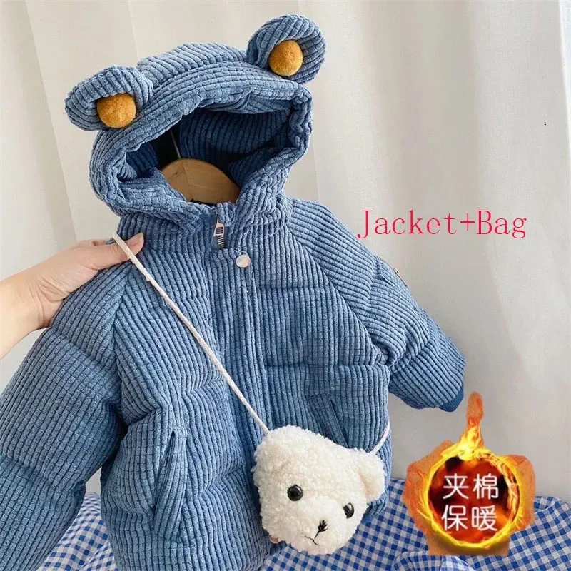 Donsjas 2023 Herfst Baby Meisjes Jassen Voor Peuter Jongen Jassen Winter Kinderen Capuchon Bovenkleding En Tassen Kinderen Corduroy Katoenen Jas 231128