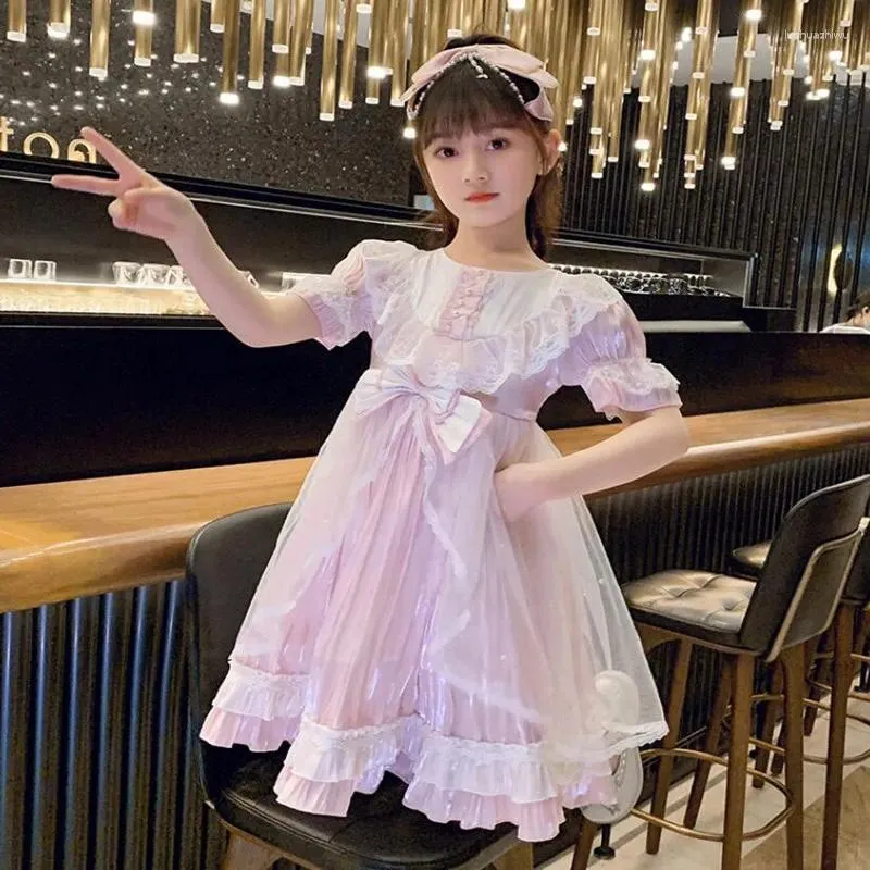 Flickaklänningar 2023 Summer Kids Girls Lolita Princess Dress Children Sleeve Bow Lace Birthday Party Ball Ball Gowns Frocks Y230