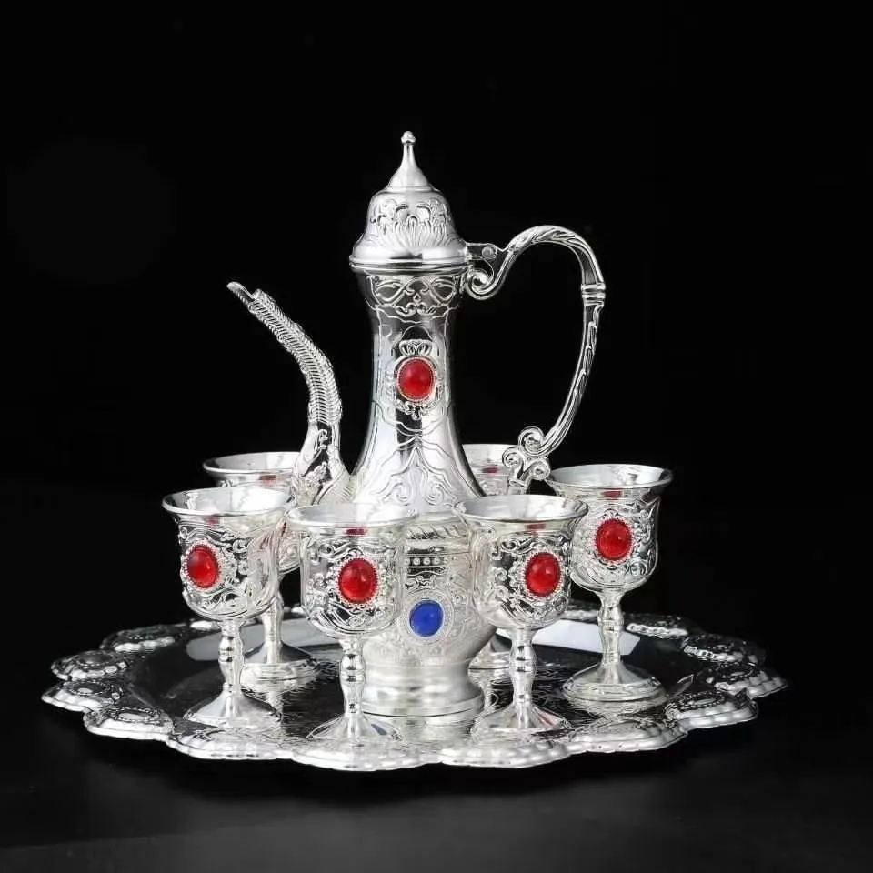 Pichet à vin en argent de haute qualité, ensemble de huit pièces de bouteille de vin en argent, tasse en argent fin faite à la main