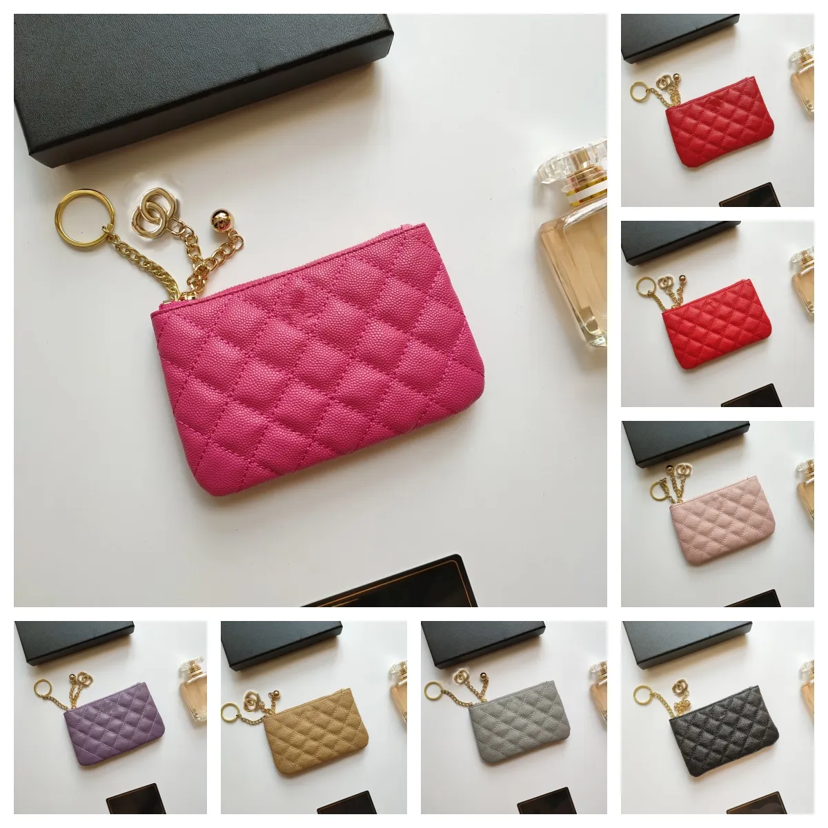 Genuine Leather Coin Purse Wallet for Women Caviar Cowhide Mini Organizer Wallet with Card Holder Zipper Closure Casual Stylish